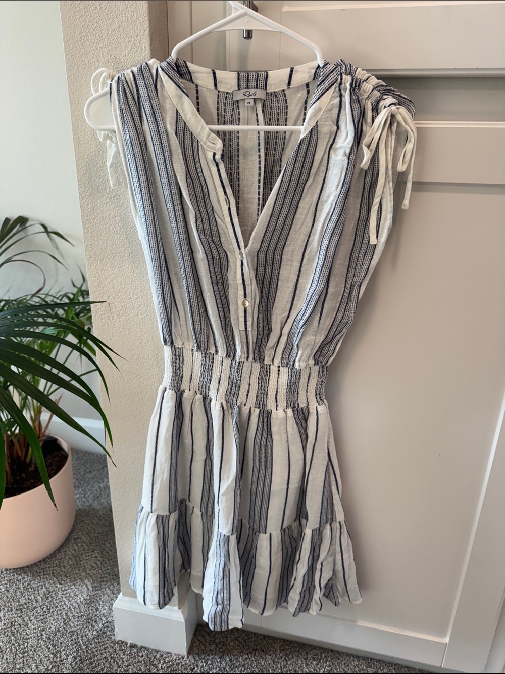 Rails White & Navy Striped Tie-Shoulder Smocked Mini Dress